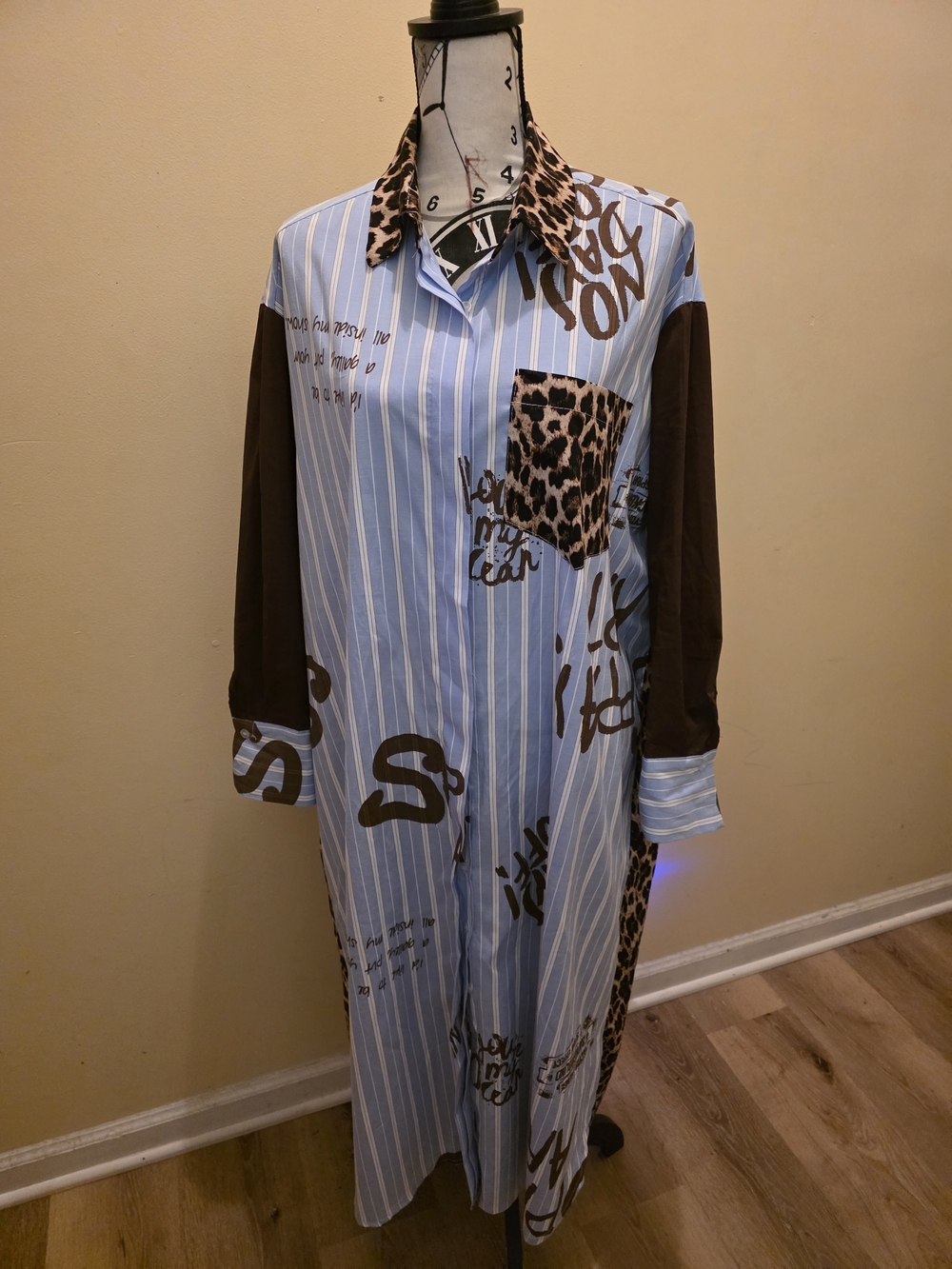 Blue Stripe & Leopard Print Shirt Dress